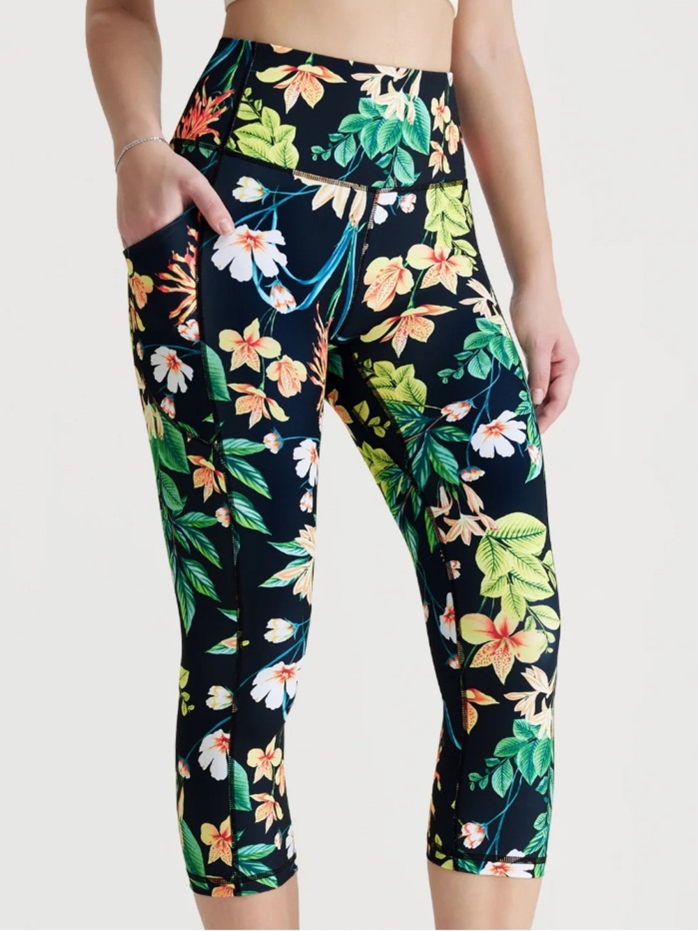 Ododos Floral Leggings - Black Base with Green & Yellow Blooms